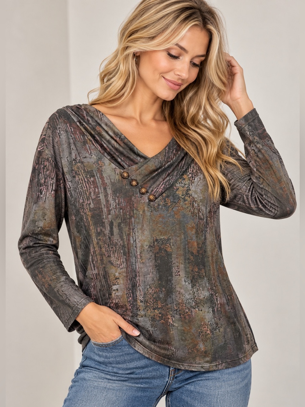 Noracora Abstract Cowl Neck Long Sleeve Top Large Artsy Boho Button Detail